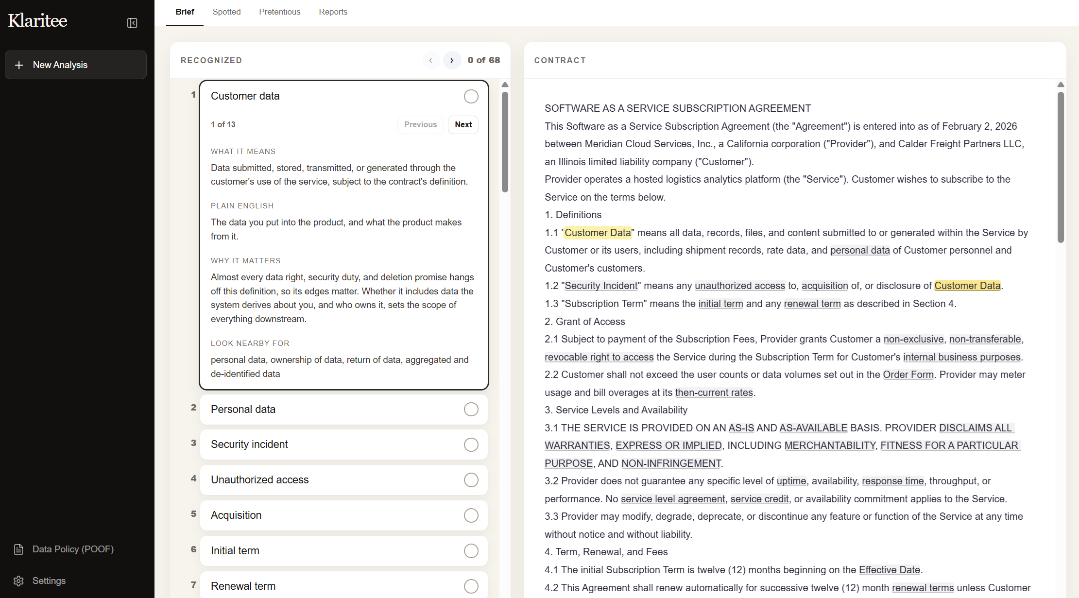 Klaritee Focus contract review interface