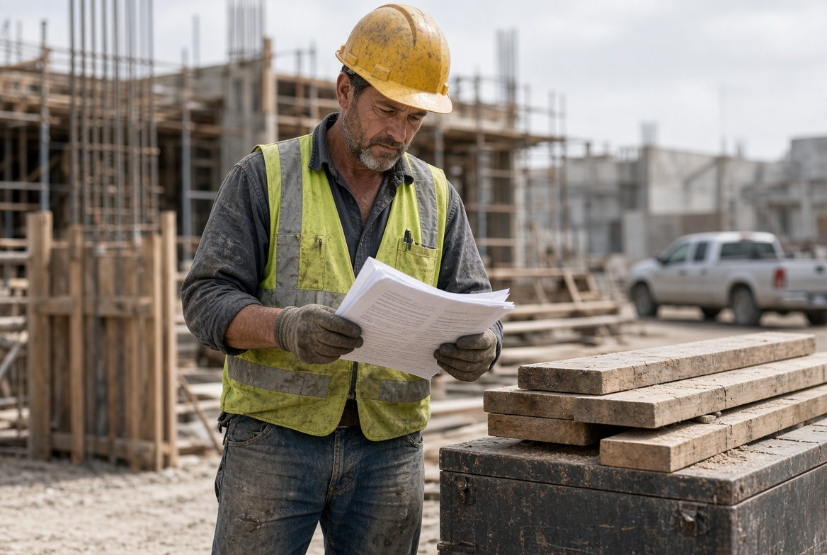 Construction worker reviewing paperwork on a job site