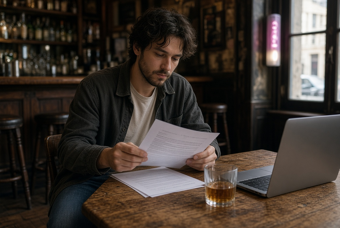 Person reviewing documents at a bar with a laptop