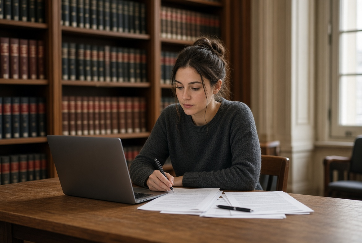 Person reviewing documents alongside a laptop