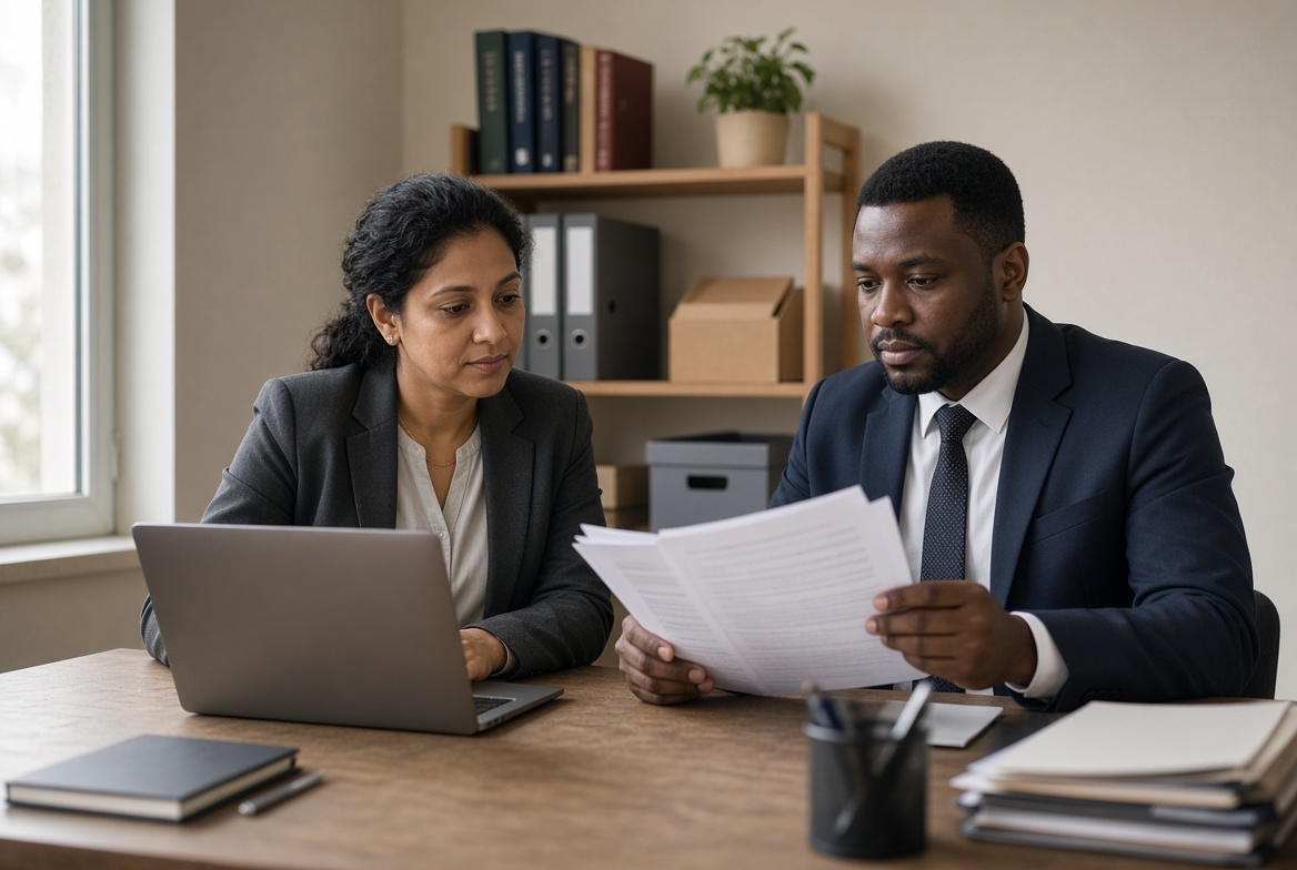 Two professionals reviewing documents together
