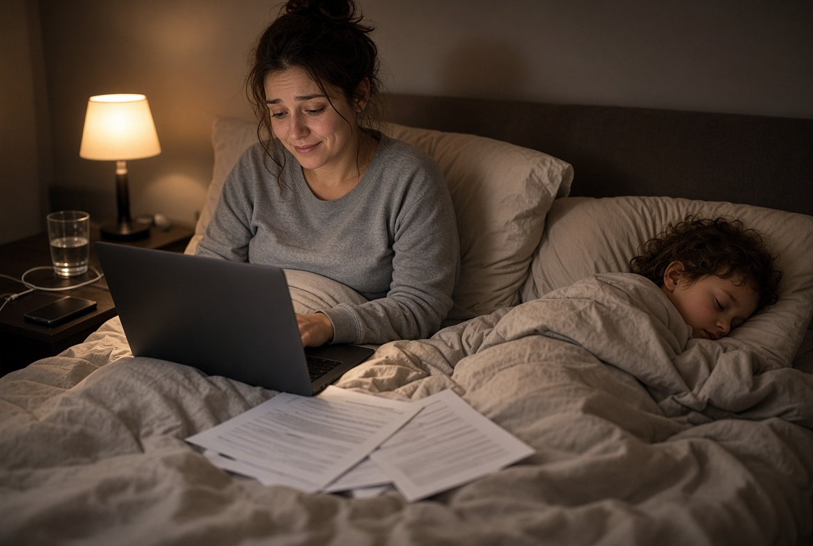 Parent reviewing documents at night
