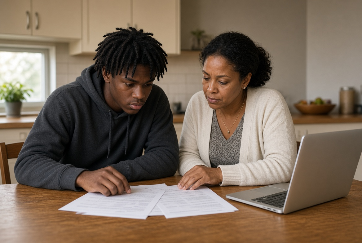 Family reviewing paperwork together at a kitchen table