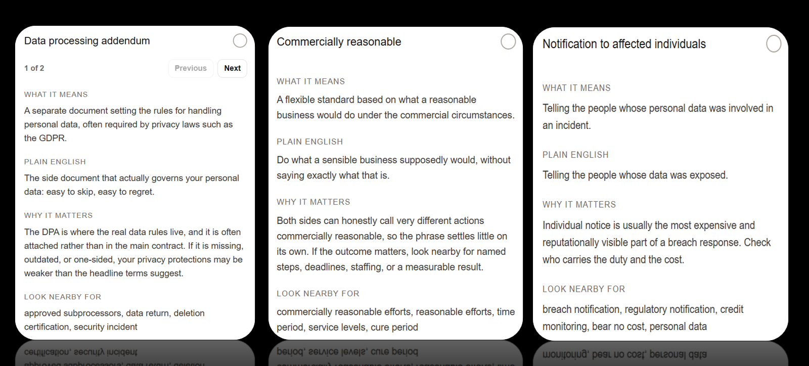 Klaritee Focus term explanation cards showing what a term means, plain English, why it matters, and what to look for nearby